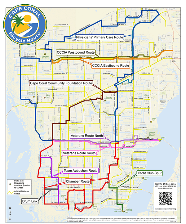 Map of Cape Coral bicycle routes with color-coded paths and labels.
