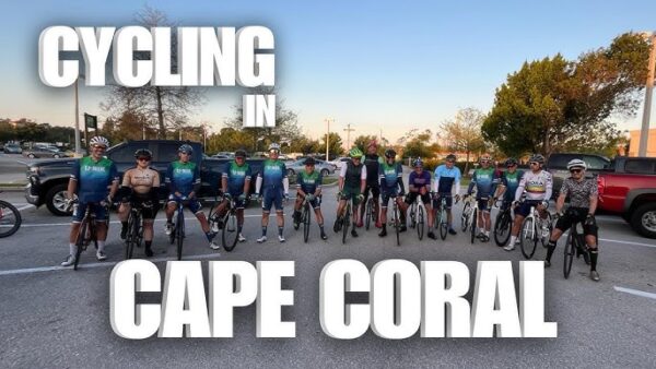 Group of cyclists posing with bikes in a parking lot, text reads 'Cycling in Cape Coral'.